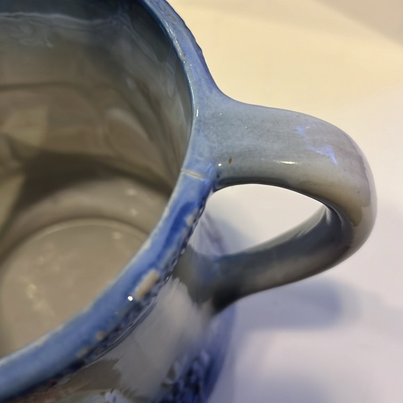 Vintage Blue White Pitcher w 3D Cow Ironstone Stoneware Pottery - Picture 12 of 14